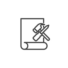 Repair service line icon. linear style sign for mobile concept and web design. Paper document with hammer and screwdriver outline vector icon. Symbol, logo illustration. Vector graphics