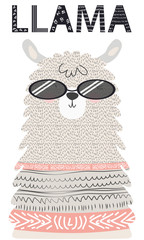 Lama is cute in the Scandinavian style, fashionable, cool, in dark sunglasses.