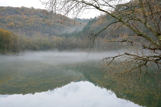 Foggy lake in the forest. Colored woods foliage in autumn.
