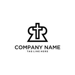 Illustration modern initial RR with symmetrical and simple cross church in the middle logo design