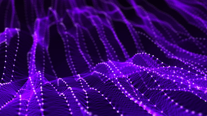 Network of dots connected by lines. DNA twisted structure. Molecular abstract background. Big data visualization. Wave of bright particles. Sound wave. 3d rendering.