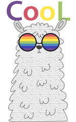 Lama in the Scandinavian style, fashionable, cool, in rainbow glasses. LGBT freedom concept.