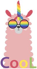 Lama in the Scandinavian style, fashionable, cool, in rainbow glasses. LGBT freedom concept.
