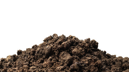 Pile of soil isolated on pure white background with ground suitable for growing plants or...