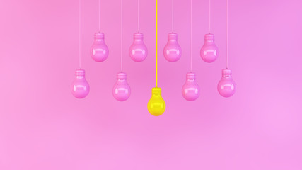 Pink light bulbs hung on pink background with one yellow