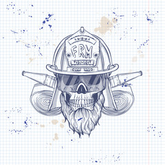 Sketch, fireman skull with helmet, beard, firehose and glasses. Poster, flyer design on a notebook page