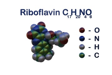 Structural chemical formula and space-filling molecular model of riboflavin or vitamin B2. It has important function in maintaining human health. Scientific background. 3d illustration