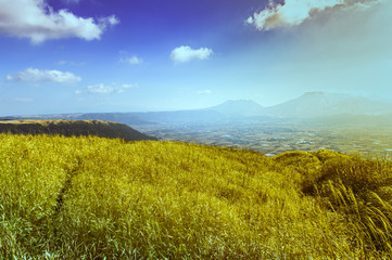 Japanese plateau. Aso plateau hill's view.