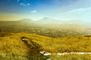 Japanese plateau. Aso plateau hill's view.