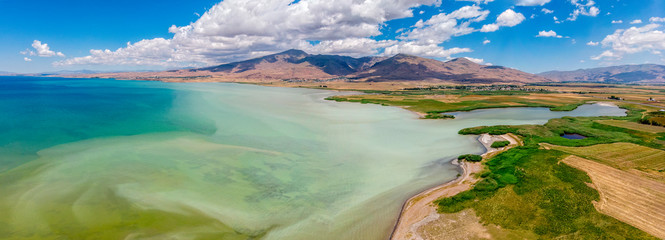 Aerial view of Lake Van the largest lake in Turkey, lies in the far east of that country in the...
