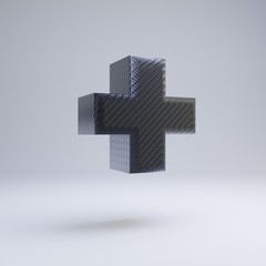 Carbon fiber 3d plus symbol. Black carbon font isolated on white background.