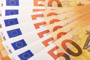 closeup 50 euros banknotes background