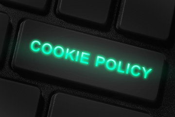keyboard and button with text Cookie policy, closeup macro