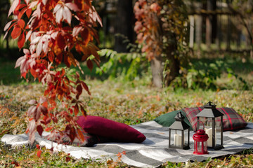 Autumn warm days. Indian summer. Picnic in the garden - blanket and pillows of gray, burgundy and green color on the background of autumn leaves.