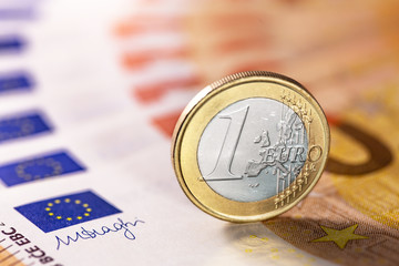 one euro coin on the euro bankontes closeup, macro