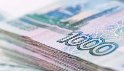 Russian rubles, closeup macro one thousand rubles banknotes