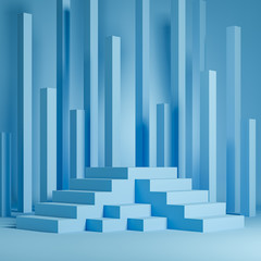 Pastel blue background for product presentation with podium made of three stairs.