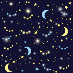 Night sky background with moon and stars. Vector seamless texture. Blue and yellow shining stars on black background
