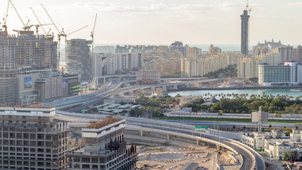 Palm Jumeirah Highway bridge aerial timelapse. Dubai, United Arab Emirates