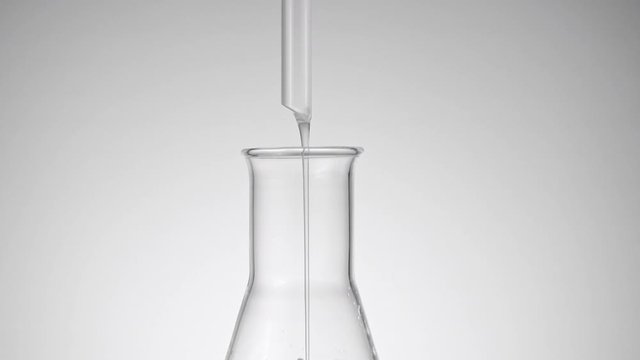Clear liquid dripping down from lab test tube to a glass beaker, clean white background