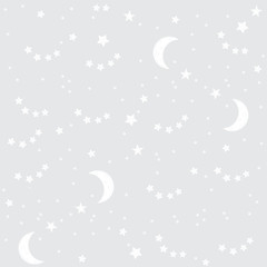 Night sky background with moon and stars. Vector seamless texture. Grey background with flat white stars and moon
