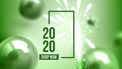 Celebrating Happy New Year Invite Banner Vector. Colorful Glossy Drops, Balls, Shapes And Words With Frame Decorated Fireworks On New Year Greeting-card Annonce. Horizontal Poster 3d Illustration