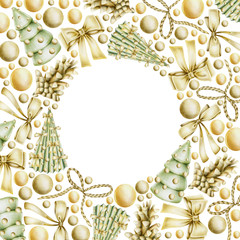 Christmas card with hand drawn golden Christmas elements (bows, balls, fir cones) on a white background, Christmas card, frame, banner design