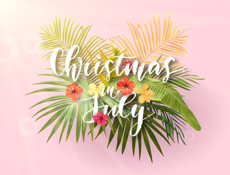 Christmas on the summer beach in July design with green palm leaves and tropical hibiscus flowers, vector illustration.
