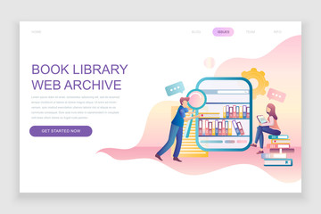 Modern flat web page design template concept of Book Library decorated people character for website and mobile website development. Flat landing page template. Vector illustration.
