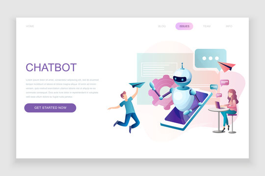 Modern flat web page design template concept of Chat Bot and Marketing decorated people character for website and mobile website development. Flat landing page template. Vector illustration.