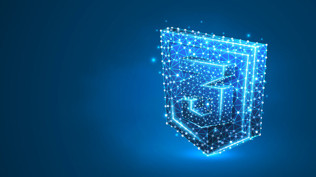 Cascading Style Sheets coding language css sign. Device, programming, developing concept. Abstract, digital, wireframe, low poly mesh, vector blue neon 3d illustration Triangle, line, dot