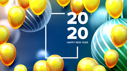 Bright Invite Card Happy New Year Banner Vector. Greeting-card Decorated Yellow Air Balloons And Golden Foil Celebration Dark Background. Horizontal Postcard 3d Illustration