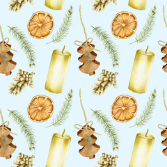 Fototapeta na wymiar Seamless pattern of hand drawn Christmas elements (candles, branches of spuce, fir cones, dried orange) on a blue background, Christmas design