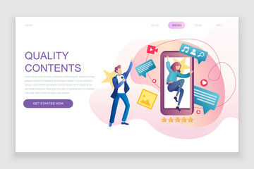 Modern flat web page design template concept of Quality Content decorated people character for website and mobile website development. Flat landing page template. Vector illustration.