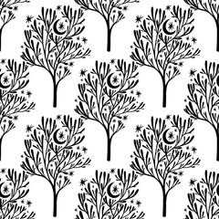 Nature seamless pattern background with forest trees, stars, moon.
