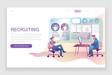 Modern flat web page design template concept of Recruiting decorated people character for website and mobile website development. Flat landing page template. Vector illustration.