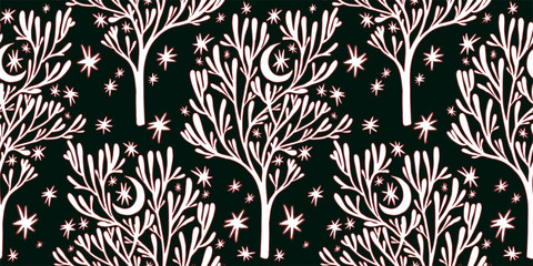 Nature seamless pattern background with forest trees, stars, moon.