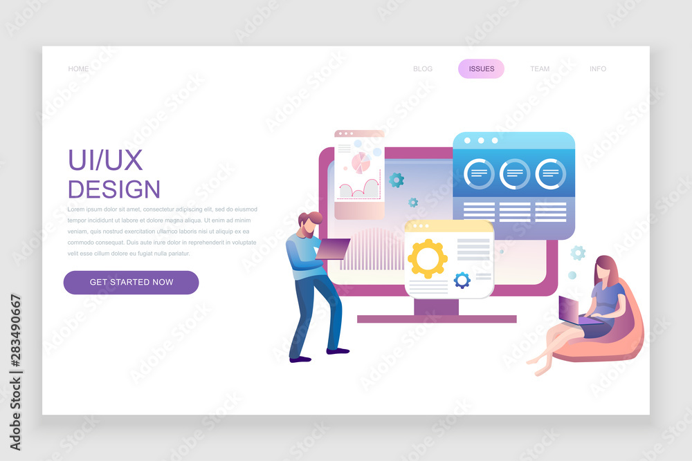 Wall mural modern flat web page design template concept of ux, ui design decorated people character for website