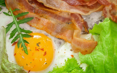 fried eggs for Breakfast close-up with bacon