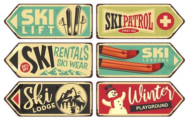 Ski and winter holiday retro signs collection. Vintage vector illustration with winter vacation and snow sports theme.
