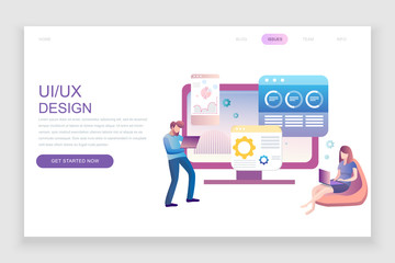 Obraz na płótnie Canvas Modern flat web page design template concept of UX, UI Design decorated people character for website and mobile website development. Flat landing page template. Vector illustration.