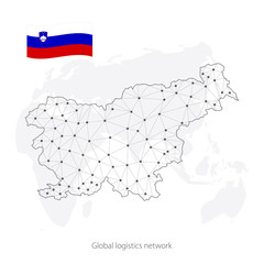 Global logistics network concept. Communications network map  Slovenia on the world background. Map of Slovenia with nodes in polygonal style and flag. Vector illustration EPS10. 