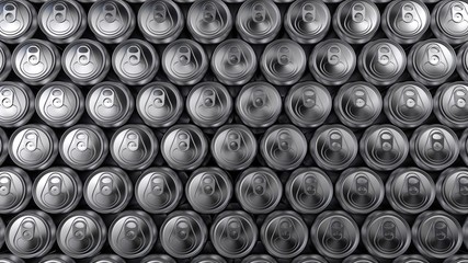 Stack of closed aluminium cans. Background, banner, copy space. 3D rendering