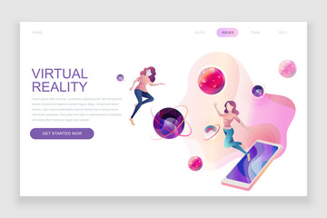 Modern flat web page design template concept of Virtual Augmented Reality decorated people character for website and mobile website development. Flat landing page template. Vector illustration.