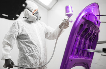Worker paints hood of auto in violet color with spray gun. White car in a paint chamber during...