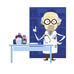 old doctor with glasses. in an office with a table and pills