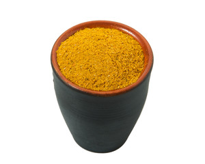 Turmeric Powder on Isolated White Background. View from above. Flat lay.