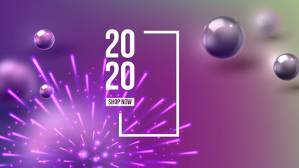 Christmas Invitation Card Celebrating 2020 Vector. Purple Glossy Glob And Number 2020 Two Thousand Twenty Decorated Fireworks On New Year Greeting-card Annonce. Horizontal Poster 3d Illustration