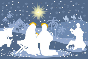 Nativity of jesus with holy family, shepherd and magi with the snow coming down in the form of flowers