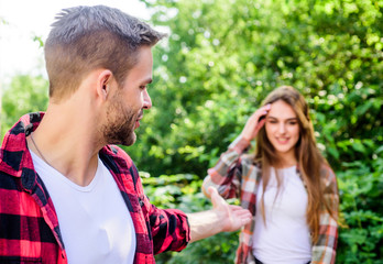 Couple outdoors nature defocused. Couple in love meeting. Put yourself forward in way that is respectful to women while still being outgoing. Starting relationship. Couple relationship. Follow me